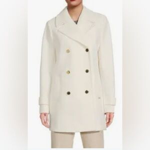 NWT Halston Ivory Faux Wool Double-Breasted Peacoat | Large | Gold Buttons